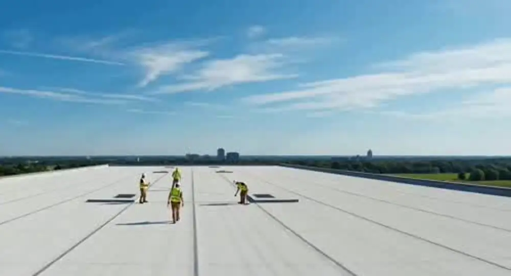 Roofing crew working across a low-slope commercial roof